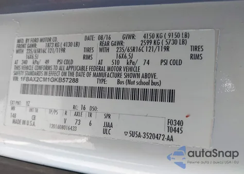 2016 Ford Transit-350 Xlt из США, поврежденный, VIN 1FBAX2CM1GKB57288